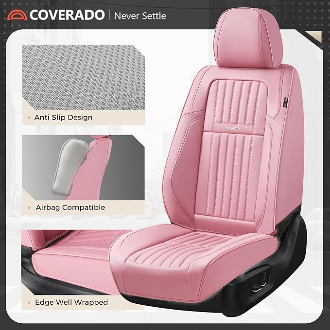 Coverado Car Seat Covers Front Seats, Seat Covers for Cars, Car Seat Protector, 2-Pack Car Seat Cushion Nappa Leather, Waterproof Seat Covers Carseat Cover Universal Fit for Most Cars Trucks(Pink) - Image 5