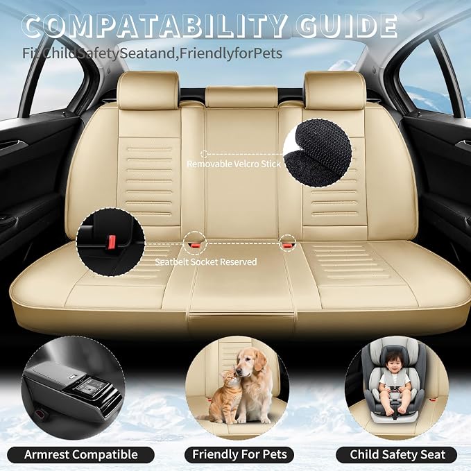 Fit Corolla Car Seat Covers for Toyota Corolla 2000-2025 2026 -Premium Leather, Waterproof，Breathable，All-Weather Seat Cushion Protecto & Airbag Compatible, Full Set Beige - Image 3