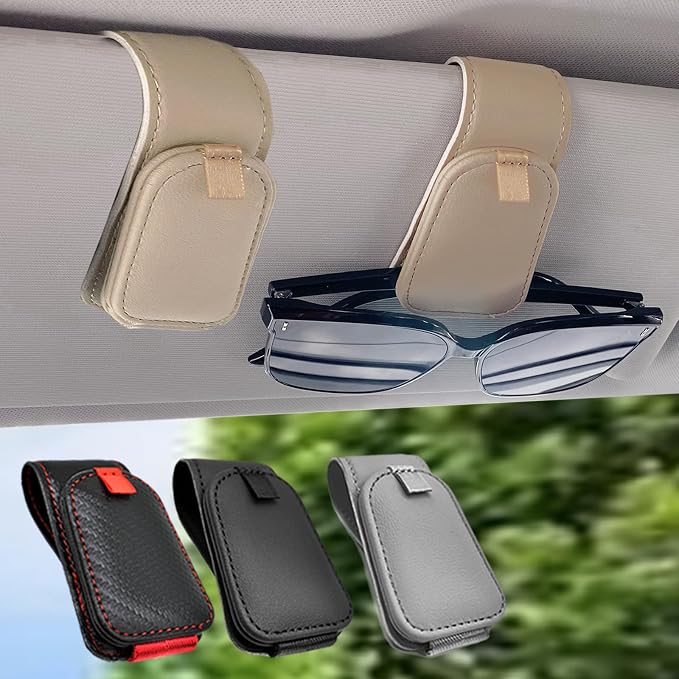 Sunglass Holder for Car, 2 Pack Car Sunglass Holder Visor Clip Magnetic Leather Sun Glasses Eyeglass Hanger, Beige, Fit for Different Size Eyeglasses by Teoenix