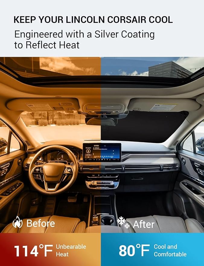 Proadsy Custom Fit Car Windshield Sun Shade for 2020-2026 Lincoln Corsair | 240T Heat Shield, Drops Temp 54°F, Blocks 99% UV, Prevents Dashboard Cracking, Summer Parking & Beach Trips, Easy Twist-Fold - Image 3