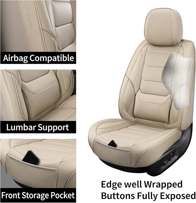 Leather Car Seat Covers Full Set Automotive Seat Protectors | Breathable Waterproof Durable Full Surround & Lumbar Support Design Non-Slip Universal Fit for Most Cars SUV Trucks Van Beige - Image 3