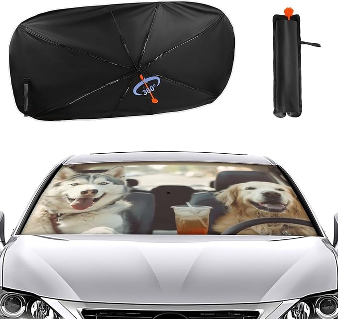 Dog Driving Car Windshield Sun Shade Umbrella, Car Windshield Sunshades Cover with 360¡ã Rotation Bendable Handle, Foldable Sun Shade for Most Vehicles - Image 2