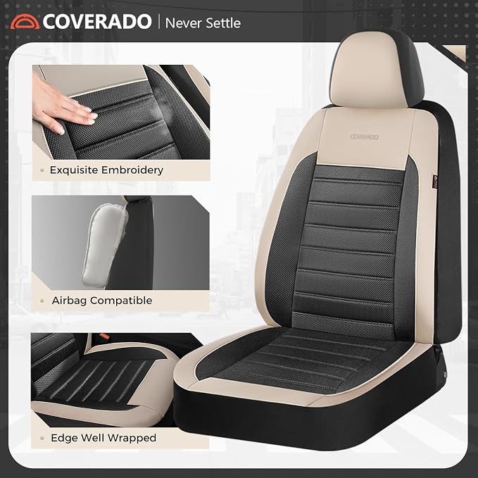 Coverado Car Seat Covers Full Set, Luxury Leather Car Seat Covers, Automotive Front and Rear Mesh Seat Covers, Full Set 5 Seats, Black Beige Seat Covers for SUV Sedan Truck - Image 5