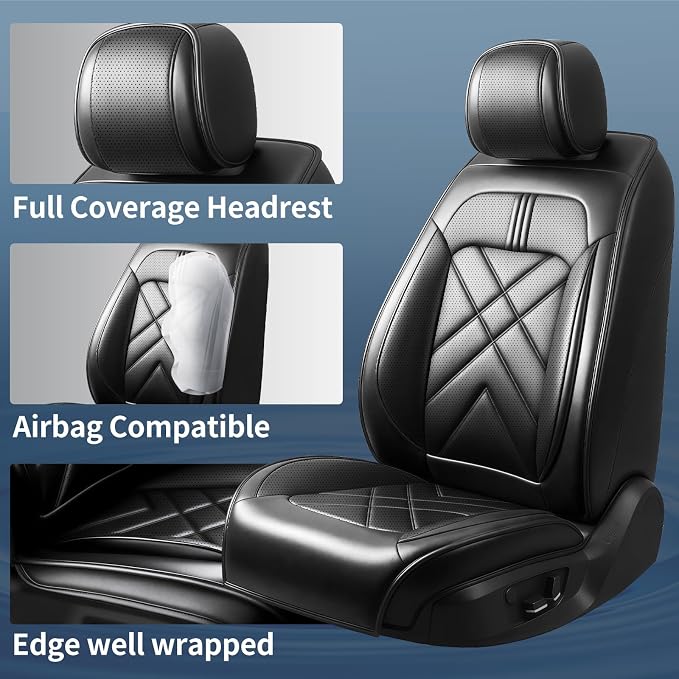 Forte Car Seat Covers Custom Fit for Kia Forte 2010-2024, Full Coverage Leather Waterproof Breathable Seat Covers, Automotive Seat Protectors, Airbag Compatible(2 Front Seats, Black) - Image 2