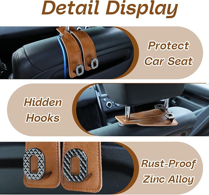 Car Headrest Hooks Universal Car Purse Hook Premium Leather and Alloy Twin Hook Car Seat Back Storage Hanger Hook for Purse Bags Cloth Drink Durable Holder Car Accessories (BH09-Brown-Black-4 Pcs) - Image 5