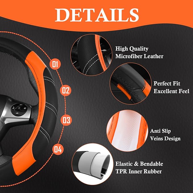 CAR PASS Leather Steering Wheel Cover and Waterproof Car Floor Mats,Microfiber Universal Car Combo Fit for 95% Sedan SUV Van Truck,14.5-15inch Sporty Anti-Slip Safety Comfortable Design, Black＆Orange - Image 5