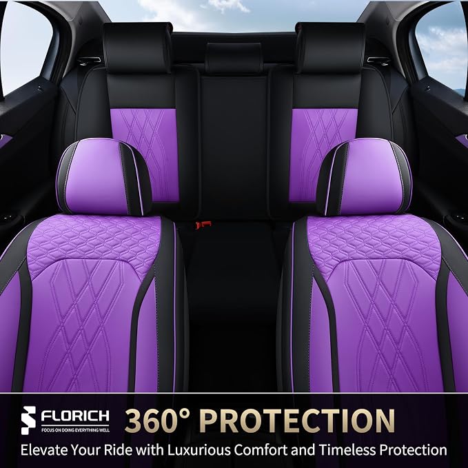 FLORICH Seat Covers Full Set Leather Automotive Seat Cover Full Coverage Vehicle Car Seat Covers Waterproof Purple Seat Cover Protector Universal Fit for Most Car Truck SUV, Black&Purple - Image 8