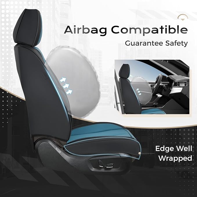 Coverado Seat Covers, Car Seat Covers Front Seats, Car Seat Cover, Car Seat Protector Waterproof, Car Seat Cushion Leather, Seat Covers Carseat Cover Universal Fit for Most Cars Black-Blue - Image 4