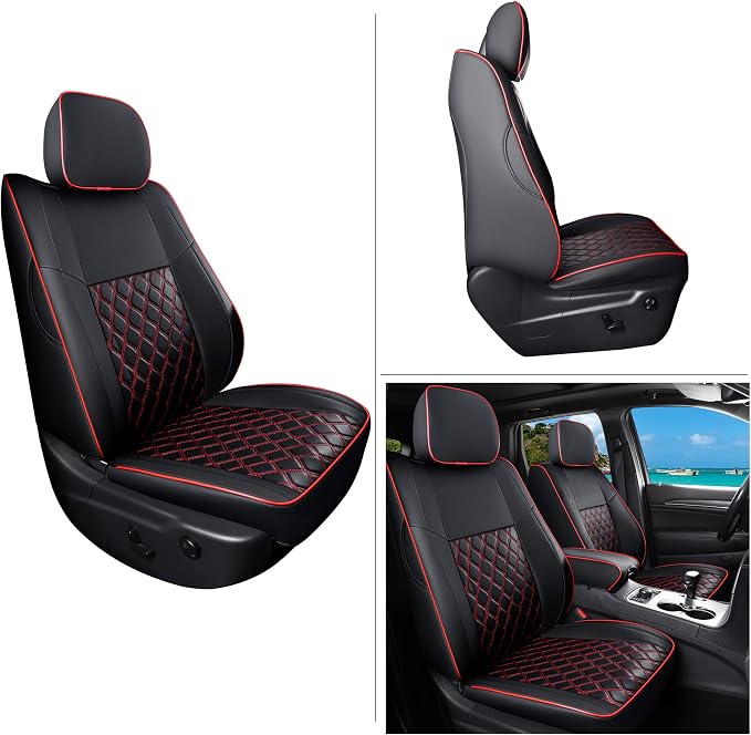 Huidasource Upgrade Jeep Grand Cherokee Seat Covers, Full Coverage Waterproof Leather Car Seat Covers, Custom Seat Cushion Protector Fit for Jeep Grand Cherokee 2011-2021 (Full Set/Black&Red) - Image 8