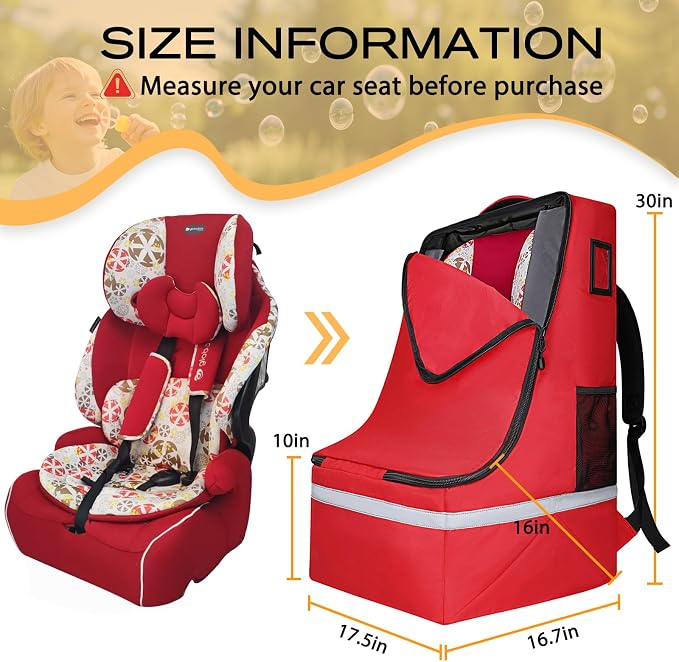 LARIPOP Car Seat Travel Bag for Airplane, Universal Gate Check Car Seat Bag, Padded Backpack with Waist Belt, Reflective Strips & Protective Feet, Fits Infant Convertible Booster Seats, Red - Image 2