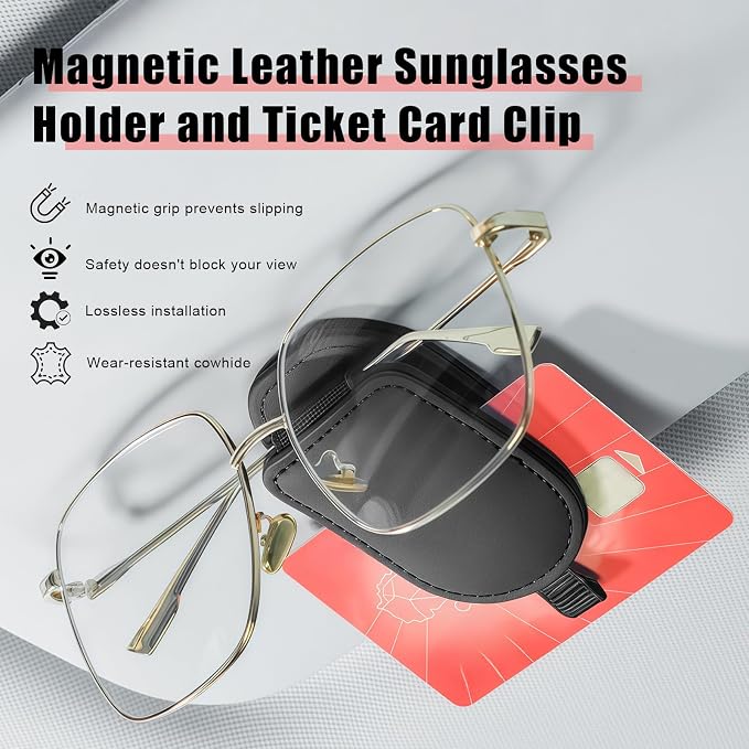 Sunglass Holder for Car Visor, Magnetic Leather Eyeglass Holder, Universal Car Sunglass Organizer Visor Accessories for SUV Truck Pickup, 2 Pack (Black) - Image 3