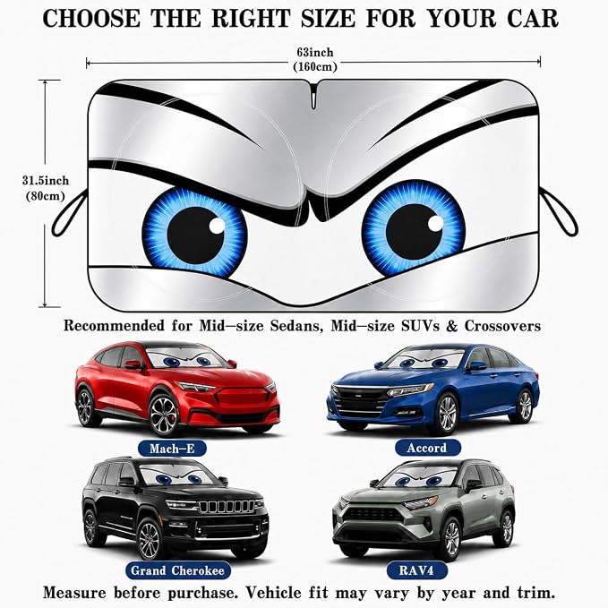 Car Windshield Sun Shade, Universal Fit Midsized Sedan SUV, Sporty Silver | 61 x 31.5" Windshield Cover, Foldable Front Window Sunshade, UV Heat Protection, Cute Eyes Series - Image 5