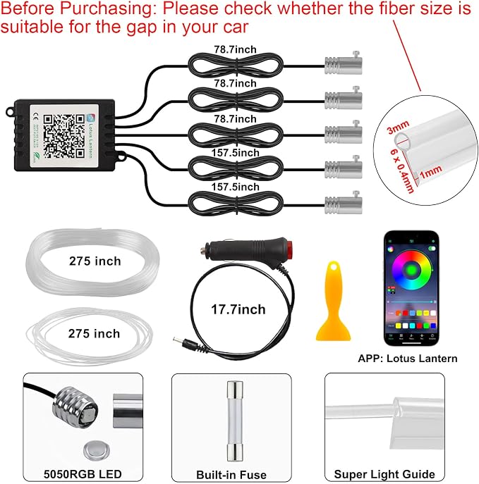 Interior Car LED Lights, 5 in 1 RGB Car Ambient Lighting Kit, APP Control | 275 inches Fiber Optic, 16 Million Colors and Music Mode Inside Car Lighting Accessories, 12V - Image 6