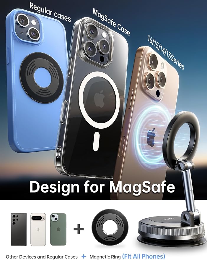 Coolpow【Newest Vacuum Magnetic Phone Holder for Car Phone Holder Mount【Movable Vacuum Suction】 Magsafe Car Mount Cell Phone Holders for Your Car Accessories for Women Men for iPhone 17 16 -Black - Image 9