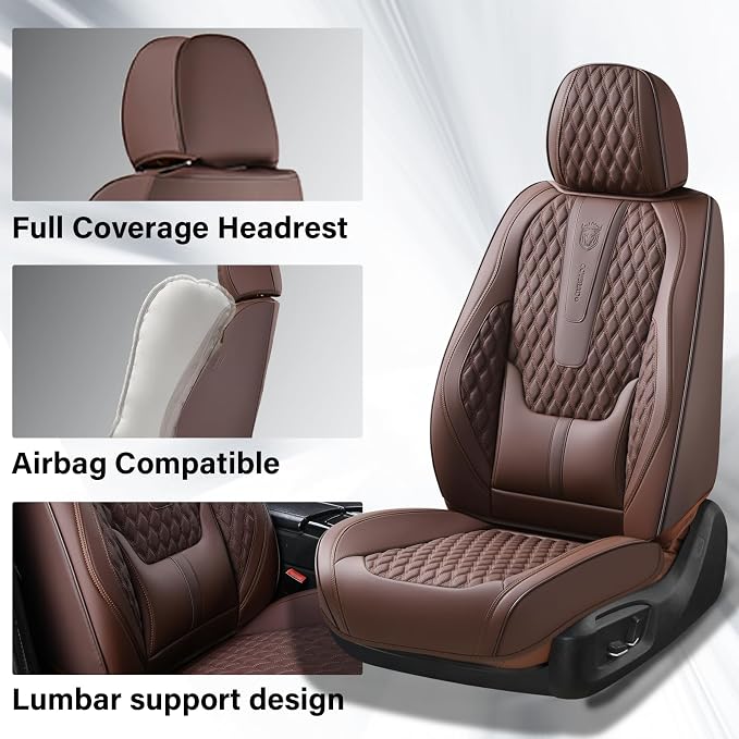 Coverado Car Seat Covers Full Set, 5 Seat Leather Seat Covers for Cars, Car Seat Protector with Lumbar Support, Waterproof Seat Covers Universal Fit for Most Cars SUV Trucks (Coffee) - Image 3