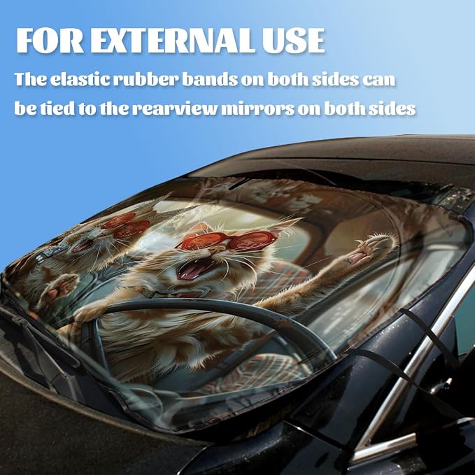 Funny Cat Car Windshield Sun Shade Cute Driving Animals Heatshield Front Window Car Sun ​Shade Windshield Blocks UV Rays Sun Visor Protector for Car Sedan Truck SUV Accessories 59" L x 31.5" W - Image 3