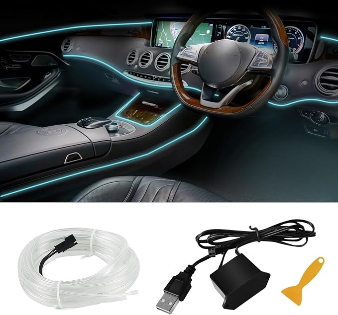EL Wire Interior Car LED Strip Lights, 16.4FT RGB USB Neon Automotive Light Strip, Electroluminescent Vehicle Ambient Lighting Kit, Interior Decoration Car Accessories (Ice Blue) by Hbxdeco