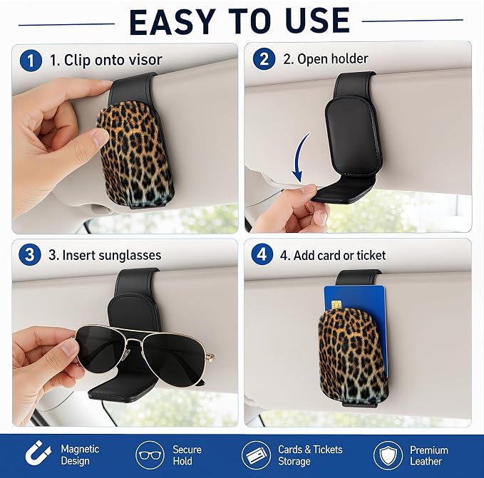 Leather Magnetic Sunglass Holder for Car Sun Visor, Cute Eyeglass Ticket Card Hanger Clip, Universal Auto Interior Accessories for SUV Pickup Truck, Classic Leopard - Image 5