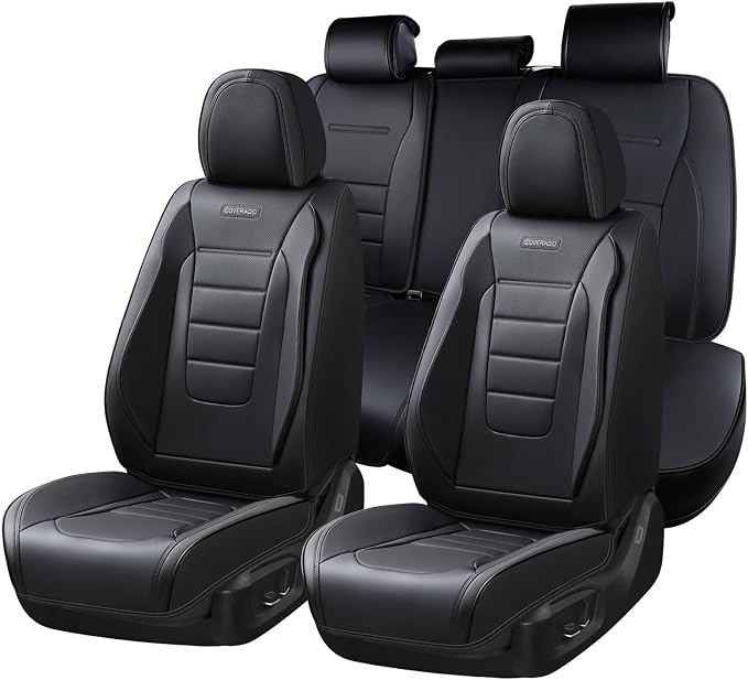 Coverado Car Seat Covers Full Set, Black Car Seat Cover, Seat Covers for Cars, Car Seat Protector, Nappa Leather Car Seat Cushion, Waterproof Car Seat Covers Front Seats and Back Fit for Most Cars by COVERADOAUTO