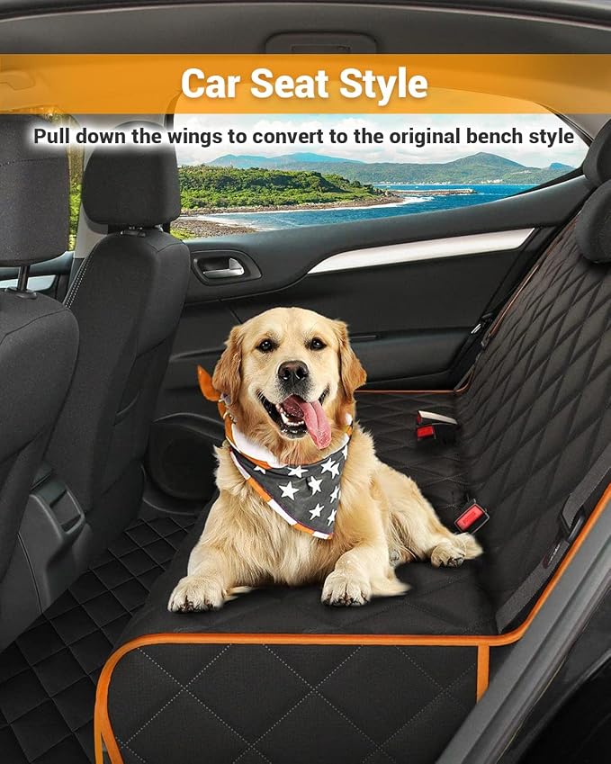 Dog Car Seat Cover, 600D Heavy Dute Car Seat Cover for Dogs Pets, 100% Waterproof Anti-Scratch Nonslip Dog Hammock for Cars, Seat Covers Protector with Seatbelt for Sedan SUV Truck XL Orange&Black - Image 4