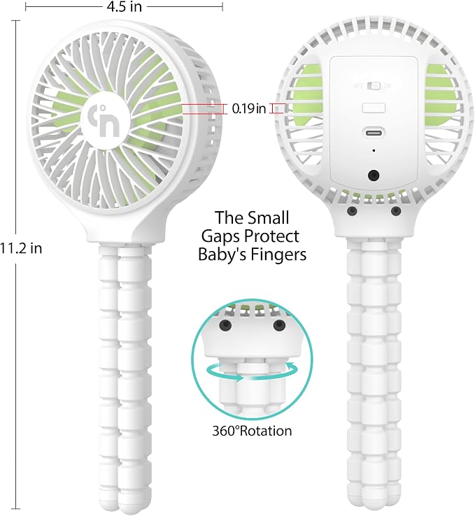 Portable Stroller Fan, USB or Rechargeable Battery Operated with 3 Speeds and 360°Rotate, Cooling Clip On for Baby Crib Travel Car Seat White - Image 8