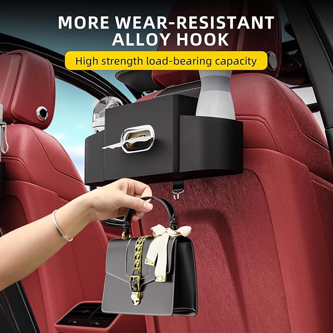Back Seat Car Organizer with One Towel Leather Wood Materials (Black) | Tissue Box, 2 Drink Cup Holder, Phone Holder, Hook, Compatible with Most Vehicles - Image 5