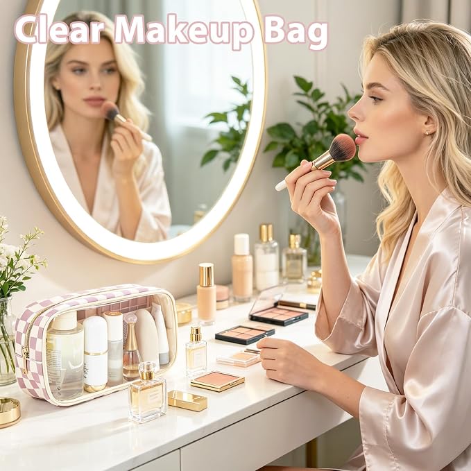 Fammart Clear Travel Makeup Bag for Women, TSA Approved Checkered Cosmetic Bag Make Up Car Organizer Case with Zipper, Large Waterproof Pouch Purse Toiletry Bag for Skincare, Brushes Travel Essentials - Image 5