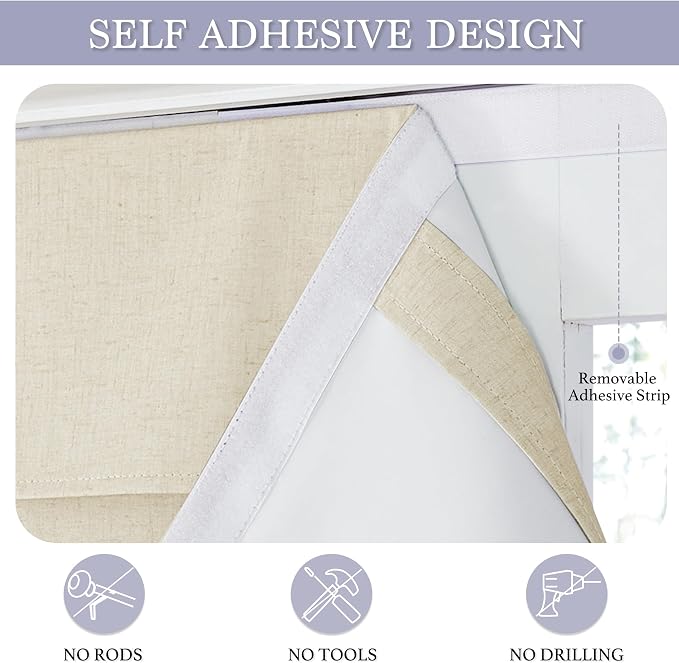RYB HOME Natural Linen Textured French Door Window Curtains 100% Blackout | Self Adhesive, Thermal Insulated Privacy Energy Saving, Shades for Nursery Office Patio Glass Door, W30 x L69, 1 Panel - Image 2