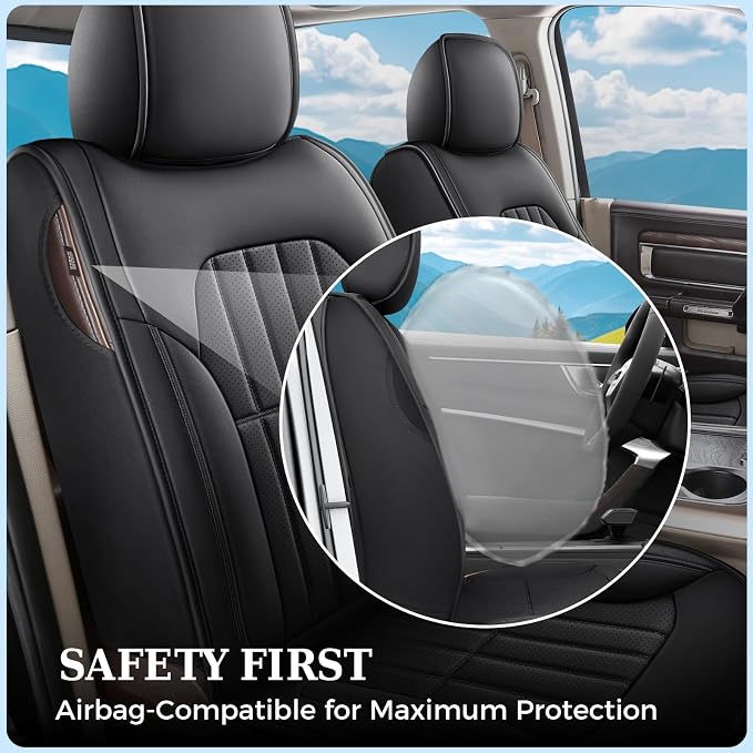 Truckiipa Dodge Ram Seat Covers Front Pair, Car Seat Cover Waterproof Leather Protector Pickup Truck Accessories, Full Coverage Custom Fit for 2002-2026 Ram 1500 2500 3500 Regular/Double Cab, Black - Image 3