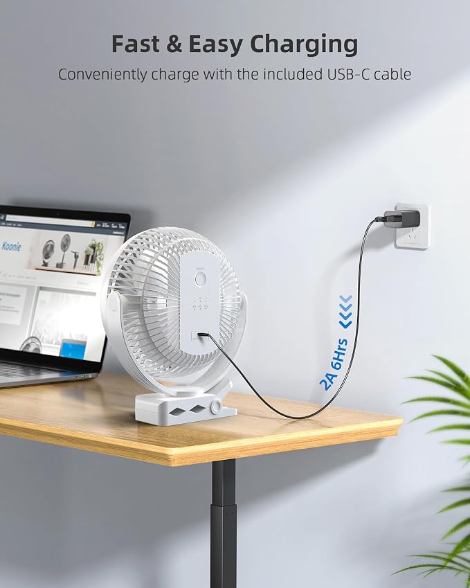 Koonie 8" Clip on Fan, 10000mAh Rechargeable Battery, Strong Airflow | 4 Speeds, Sturdy Clamp, Ideal Portable USB Desk Fan for Office, Golf Cart, Camping, Travel, Tent, Outdoor, Treadmill & Gym - Image 8