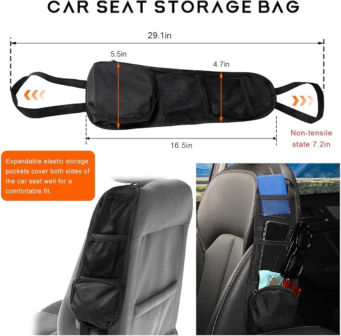 Car Seat Side Organizer, Front Seat Storage Hanging Bag Mesh Pocket Stuff Holder, Multi-Pocket Vehicle Storage Net Organizer for Drink Glasses Phone Wallet, Car Accessories - Image 2