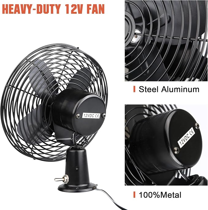 12V Portable Fan RV | Truck Cooling Heavy Duty 9" Metal Clip-On Car Fan Bus | Boat | Forklift | Car | Camper | Lawn | Mower | Tractor 2-Speed High Velocity Black - Image 4