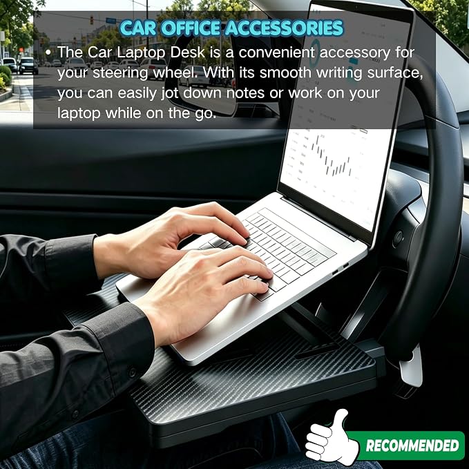 2-in-1 Car Steering Wheel Desk & Seat Gap Organizer Filler Tray | Foldable Adjustable Height Car Desk for Laptop Computer Tablet, Eating - Portable Table for Car Workstation Truck SUV Tesla - Image 5