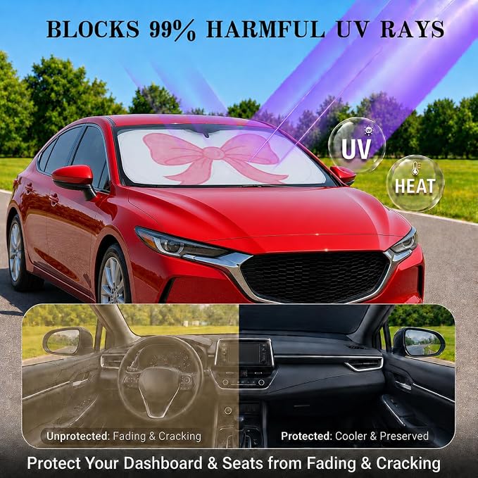 Car Windshield Sun Shade, Universal Fit Compact Sedan SUV, Watercolor Bow | 59 x 27.5" Car Sun Visor, Foldable Front Window Sunshade, UV Heat Protection, Girly Bow Series - Image 3