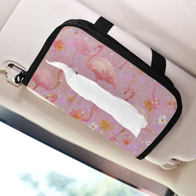 Car Tissue Holder Car Napkin Holder Car Tissue Box Dispenser Storage Case Sun Visor Mask Holder with Adjustable Straps Reusable Refillable Pink Gradient Flamingo and Petals - Image 7