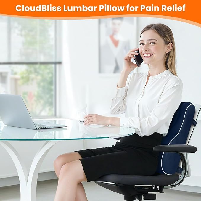 CloudBliss XL Lumbar Support Pillow, Memory Foam for Office Chair, Blue | Ergonomic High-Density Memory Foam, Adjustable Straps, Washable Mesh Cover, Lower Back Support for Office, Gaming & Car Seat - Image 2