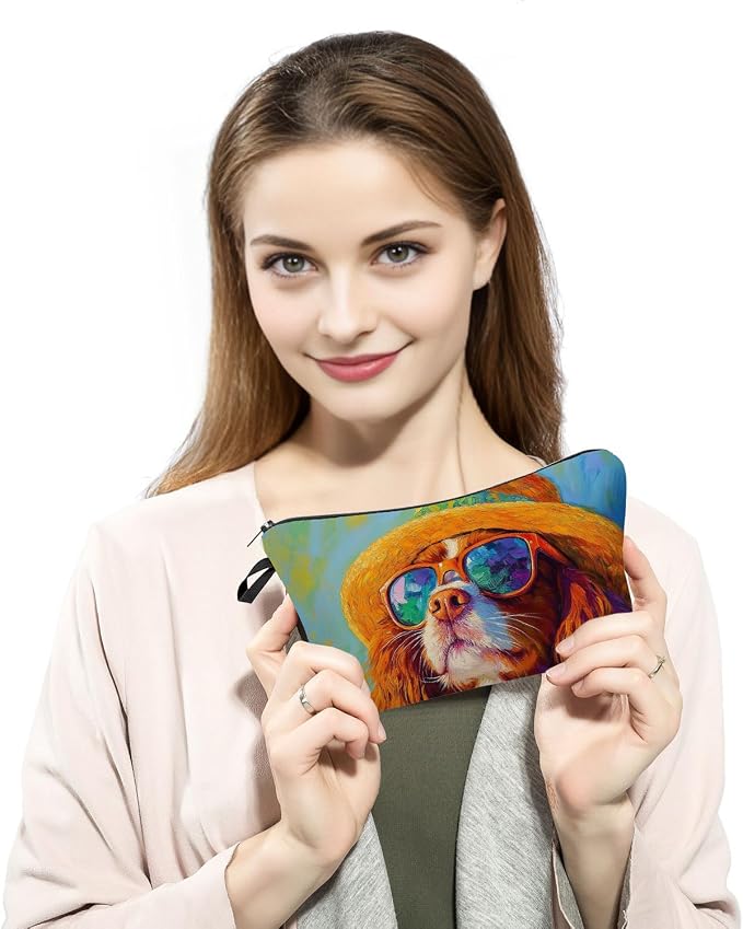 Cavalier King Charles Spaniel Makeup Bag Vintage Oil Painting Style Adorable Dog with Straw Hat & Sunglasses Artistic Cosmetic Pouch for Dog Lovers Gift for Pet Enthusiasts - Image 3