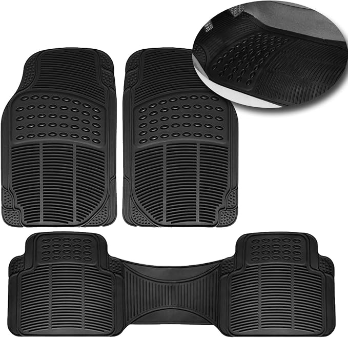 VaygWay Universal 3 Piece Heavy Duty Front and Rear Black Rubber Floor Mats - Premium Quality Trimmable Universal Fit All Weather Protection Floor Mats for Car Van SUV Truck by VaygWay