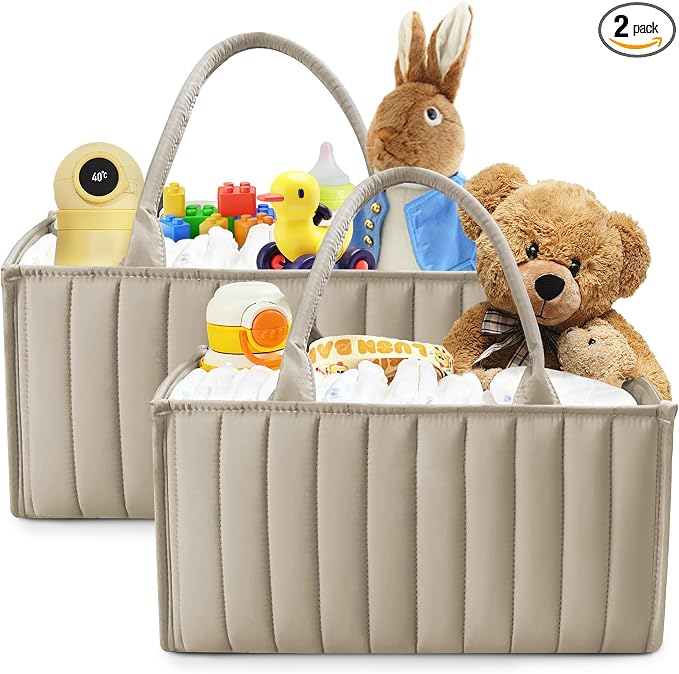SWEET DOLPHIN 2-Pack Baby Diaper Caddy Organizers, Stylish Storage Baskets for Newborn Essentials, Diaper Station & Car Travel, Value Bundle for Baby Shower Gifts & Registry Must-Haves - Light Brown by SWEET+DOLPHIN