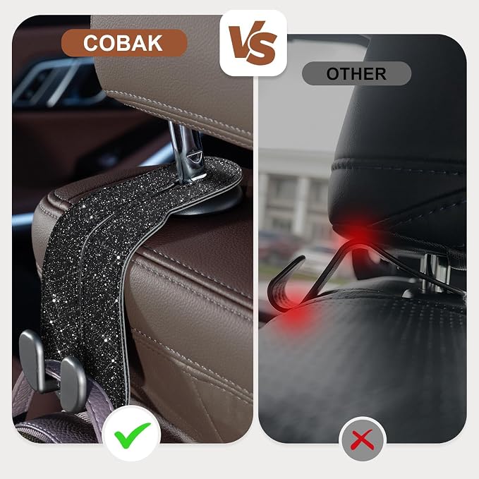 CoBak Purse Hook for Car - Universal Premium Stitched Leather and Aluminum-Magnesium Alloy Double Car Seat Back Storage Hook for Purses, Handbags, Bags (2 Pack),Glitter Black - Image 3