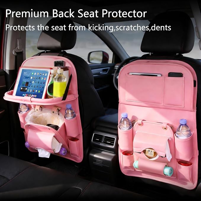 Car Seat Organizer, Multifunctional Backseat Protector Mat, Storage Bag and Tray Rack, Trash Storage (Suitable for Cars, Children, Back of Seats, and Rear Seats) (Pink, Leather 1-Piece Set) - Image 2