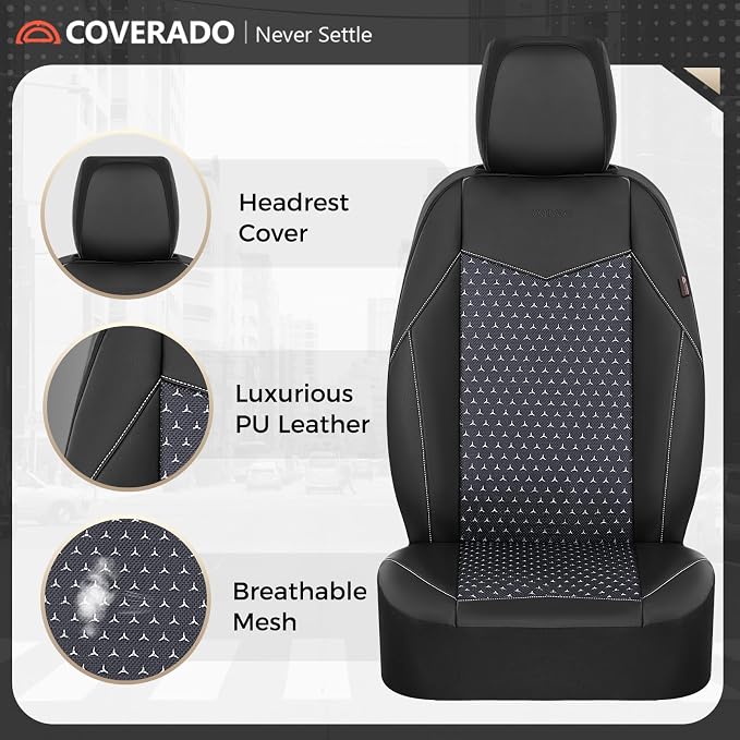 Coverado Front Seat Covers, Breathable Mesh & Leather Car Seat Protectors, Black Driver Seat Cover, Car Seat Cushions, Universal Automotive Seat Covers Fit for Most Sedans SUV Truck, Black - Image 5