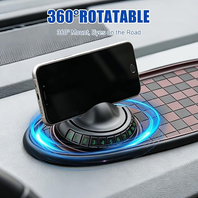 Multifunctional Car Anti-Slip Mat, 360° Rotatable Car Anti Slip Mat Phone Holder, Universal Dashboard Pad with Temporary Parking Number, Dashboard Accessories for Sunglass Chapstick (Black Gray) - Image 3