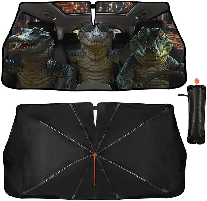CHILL·TEK Funny Animal Car Windshield Sun Shade Umbrella, Funny Crocodile Car Sun Shade Umbrella, Block UV Rays Heat Foldable Windshield Umbrella Sun Visor Protector - Keep Vehicle Cool for Cars SUV - Image 2