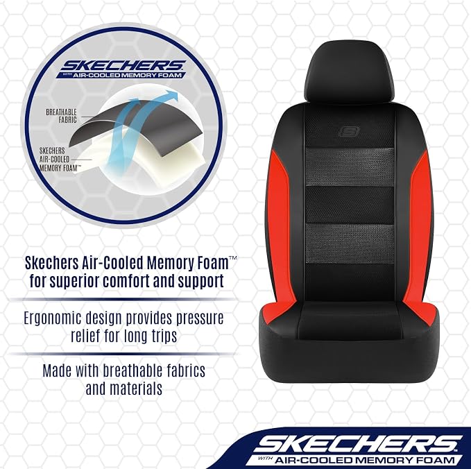 Skechers Aircooled & Memory Foam Seat Covers,Premium Leather with EVA Mesh Car Seat Covers,Seat Cover Full Sets,Airbag Compatible Automotive Comfort for Most Cars, Vans, Trucks, SUV,Red - Image 4