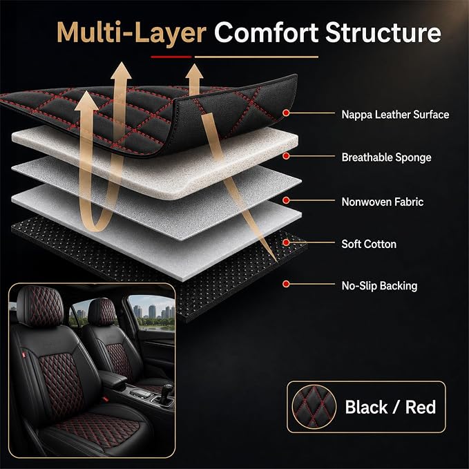Red and Black Thick Nappa Leather Automotive Car Seat Covers Set of 1 | Univerasal Fit,3D Contoured,Full Coverage,Waterproof,ThickTexture Nappa Leather,for most Suvs Trucks Sedans - Image 4