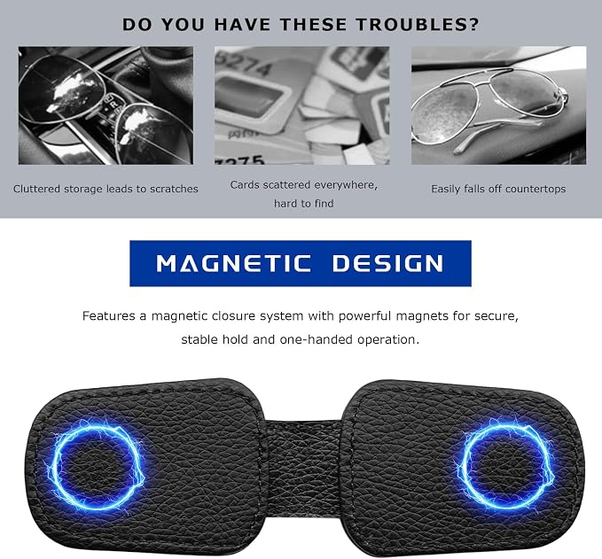 2 PCS Sunglass Holder for Car, Magnetic Leather Glasses Holder Auto Ticket Card Clip, Sun Visor Eyeglass Hanger Interior Accessories for Sedan Truck SUV, Car Accessories (Black) - Image 5