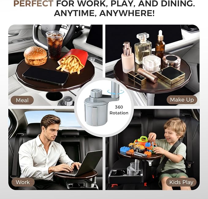 Wooden Car Tray Table with 360° Rotation, Height-Adjustable Car Desk for Laptop, Detachable Car Trays for Eating, Sturdy Steering Wheel Tray, Car Accessories Compatible with Tesla & Most Vehicles - Image 5