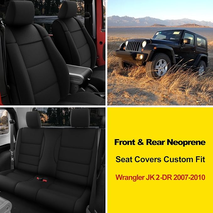 GIANT PANDA Neoprene Seat Covers for Jeep Wrangler JK 2-Door (2007-2010), Neoprene UV&Waterproof, Foam Padded Wrangler Seat Covers 2-Door Full Set(Black) - Image 2