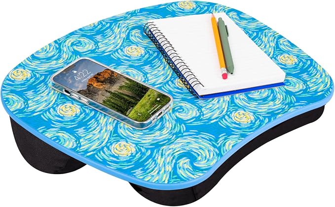 LAPGEAR MyStyle Lap Desk – Starry Blue, Fits 15.6” Laptops | Dual-Bolster Microbead Cushion, Built-In Carry Handle, Ergonomic Curved Front Edge by LapGear